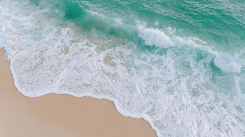 Aerial top-down view of gentle ocean waves washing onto a sandy beach