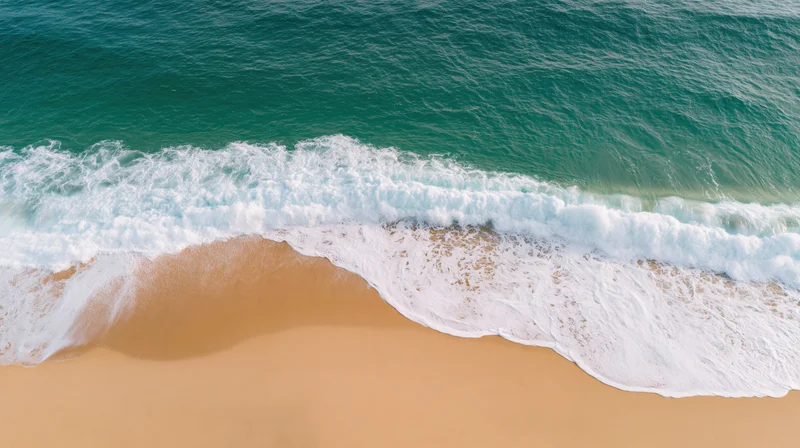 Aerial top-down view of ocean waves breaking onto sandy beach