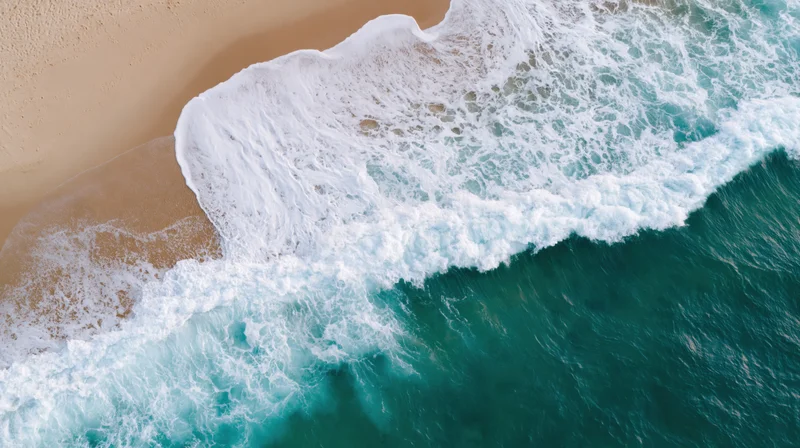 Aerial top-down view of ocean waves breaking onto a sandy beach