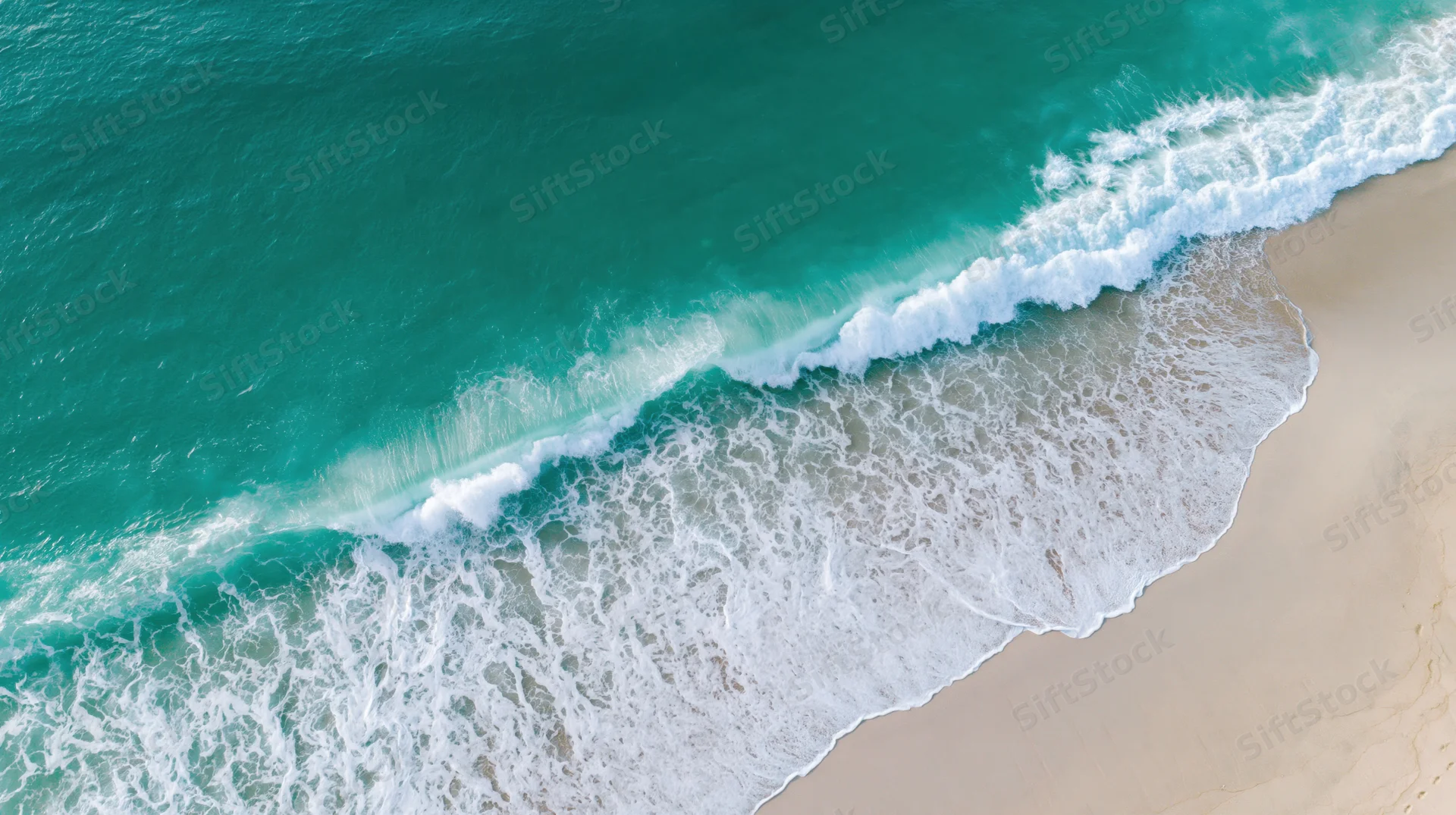 Aerial top-down view of ocean waves breaking onto a wide sandy beach