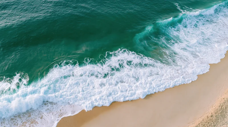 Aerial top-down view of ocean waves breaking onto a wide sandy beach