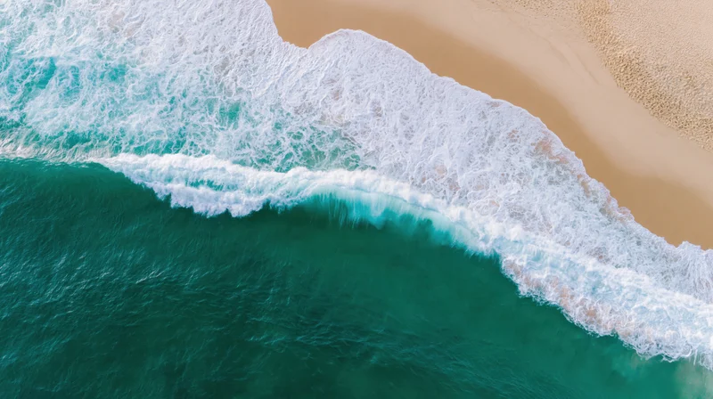 Aerial top-down view of ocean waves breaking onto a wide sandy beach