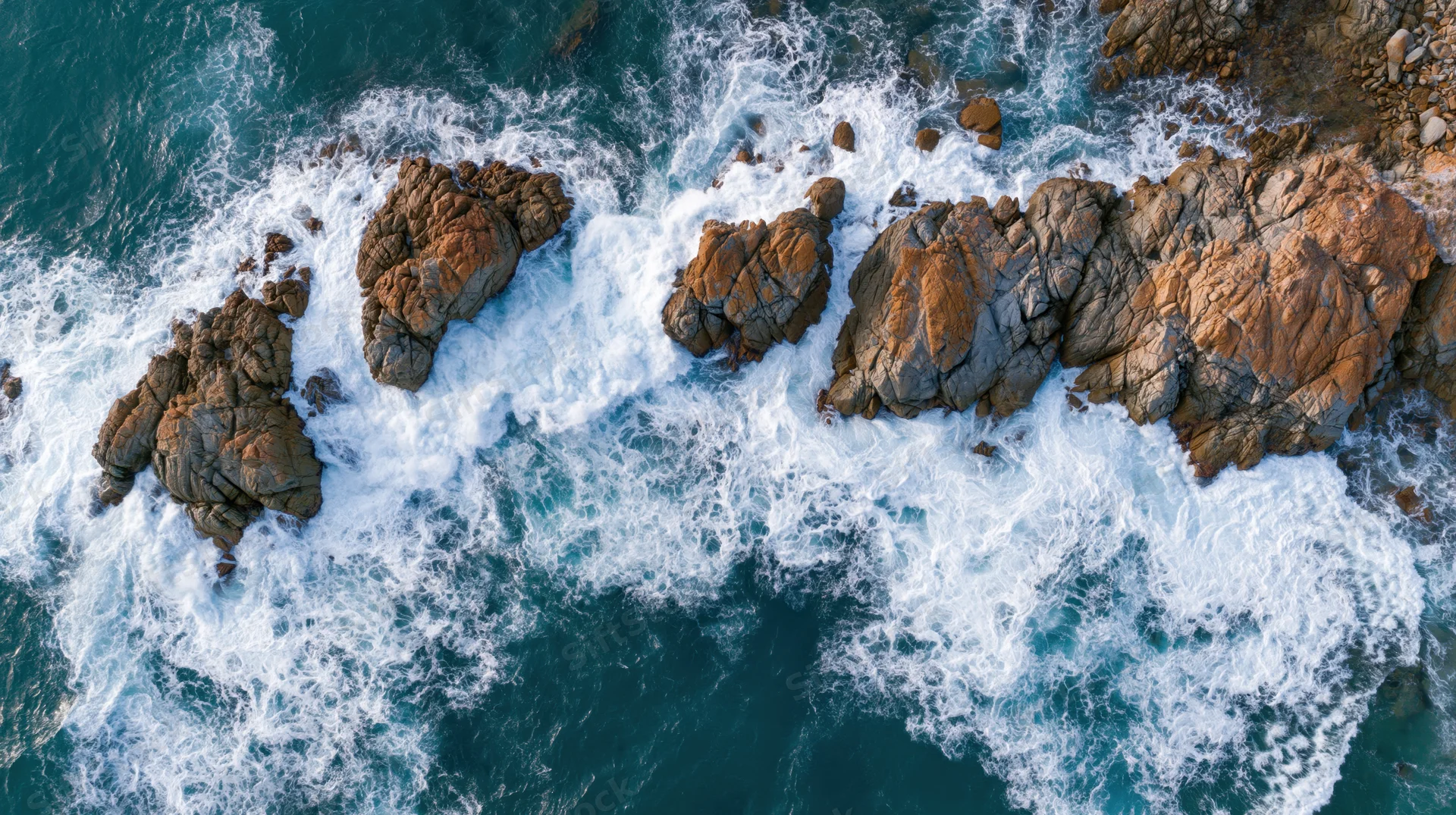 Aerial top-down view of ocean waves crashing against rocky coastline