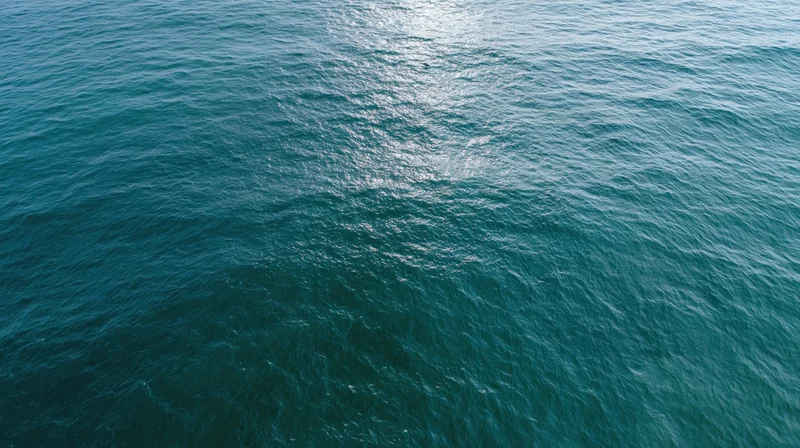 Aerial top-down view of open ocean surface with sunlight reflecting on rippling water