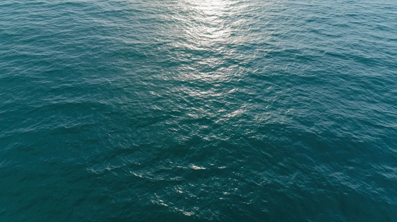 Aerial top-down view of open ocean surface with sunlight reflecting on rippling water