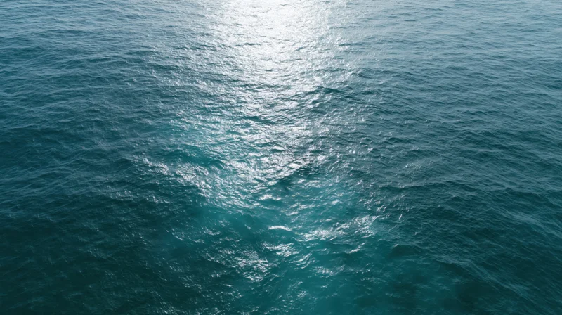 Aerial top-down view of open ocean surface with sunlight reflecting on rippling water