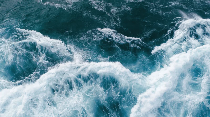 Aerial top-down view of turbulent ocean waves breaking and churning with white foam