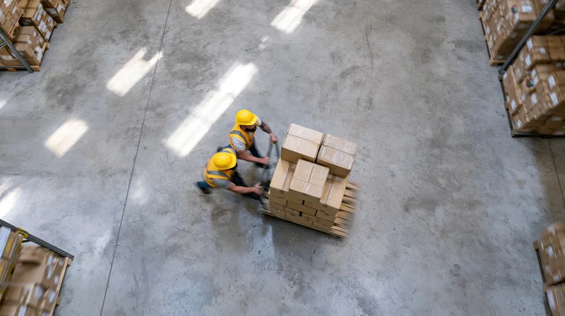 Two warehouse workers pushing a pallet of boxes in a large warehouse space