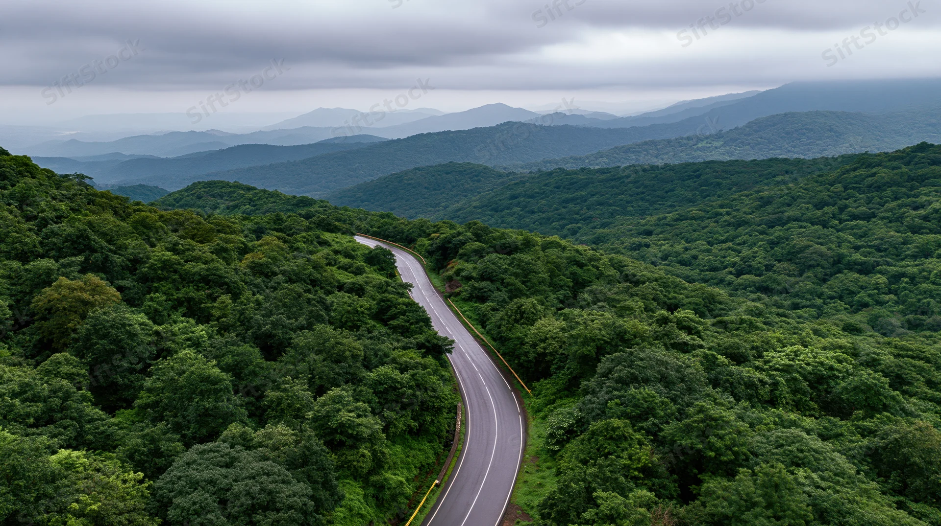 Winding asphalt road curving through dense green forest with distant mountains under overcast sky