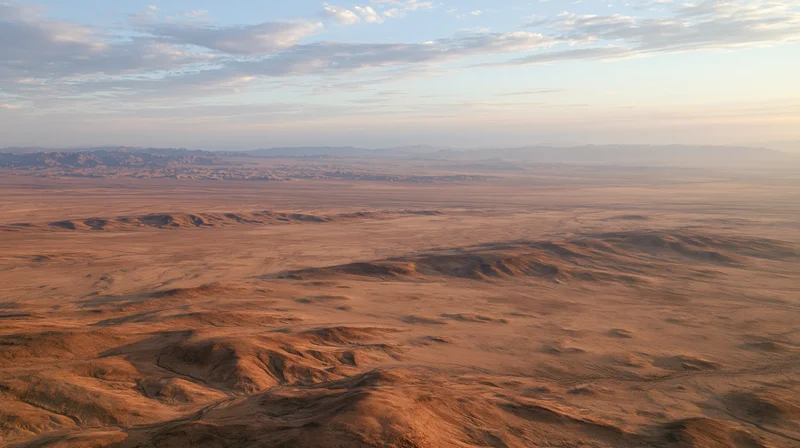Aerial view of vast arid desert landscape stretching to distant mountains under soft sunset sky