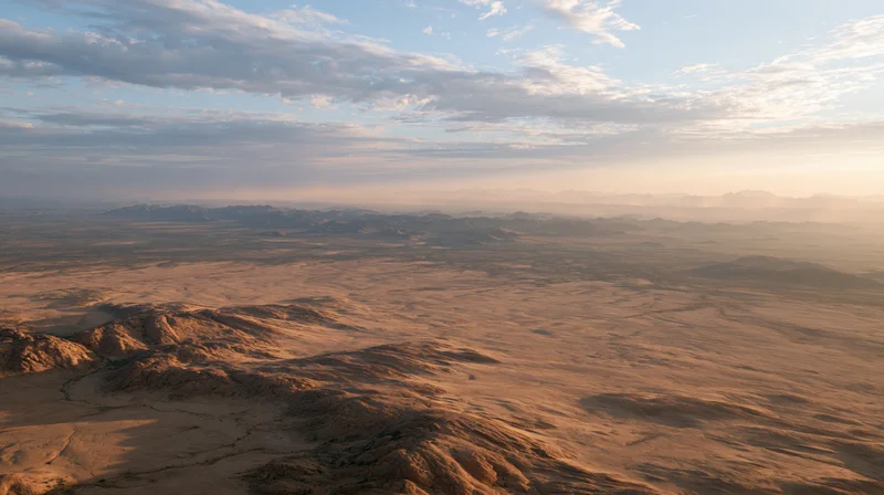 Aerial view of vast arid desert landscape stretching to distant mountains under hazy sky