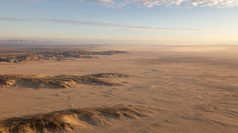 Aerial view of vast arid desert landscape stretching to the horizon under a clear sky