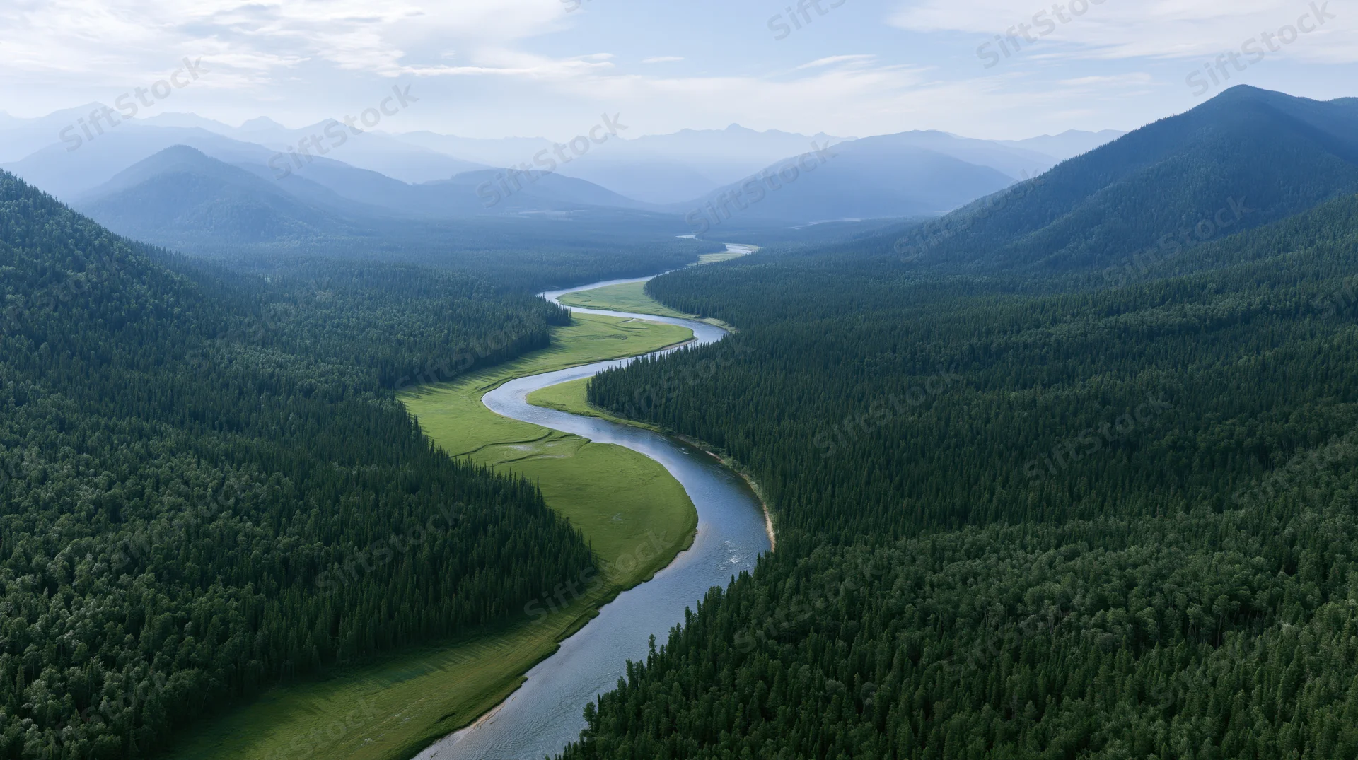 Winding river flowing through forested valley surrounded by mountains, aerial view