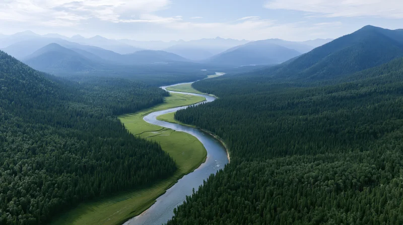Winding river flowing through forested valley surrounded by mountains, aerial view