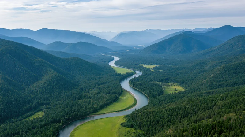 Winding river flowing through forested mountains from aerial view