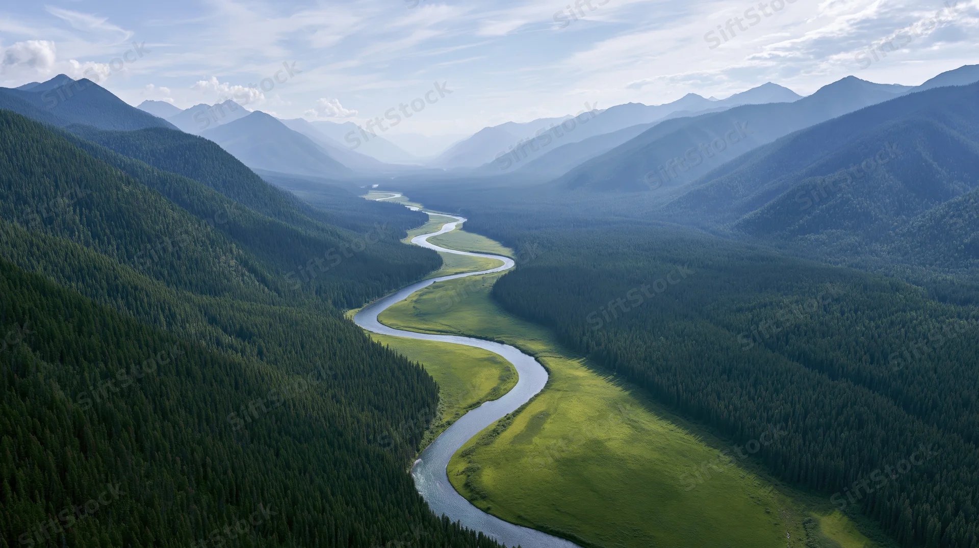 Winding river flowing through forested valley surrounded by mountains