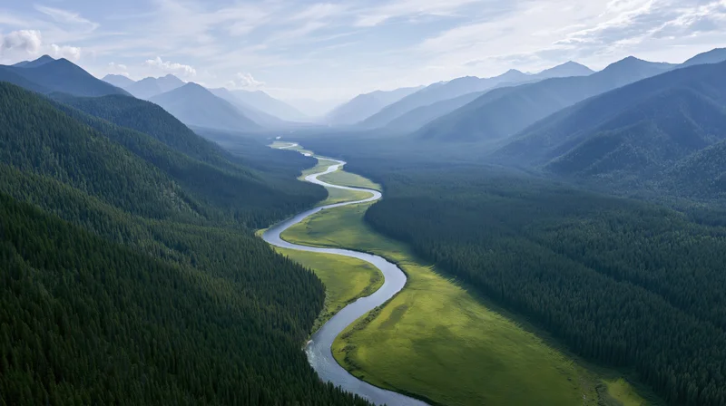 Winding river flowing through forested valley surrounded by mountains