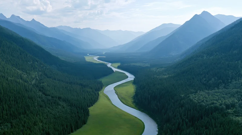 Winding river flowing through forested valley surrounded by mountains