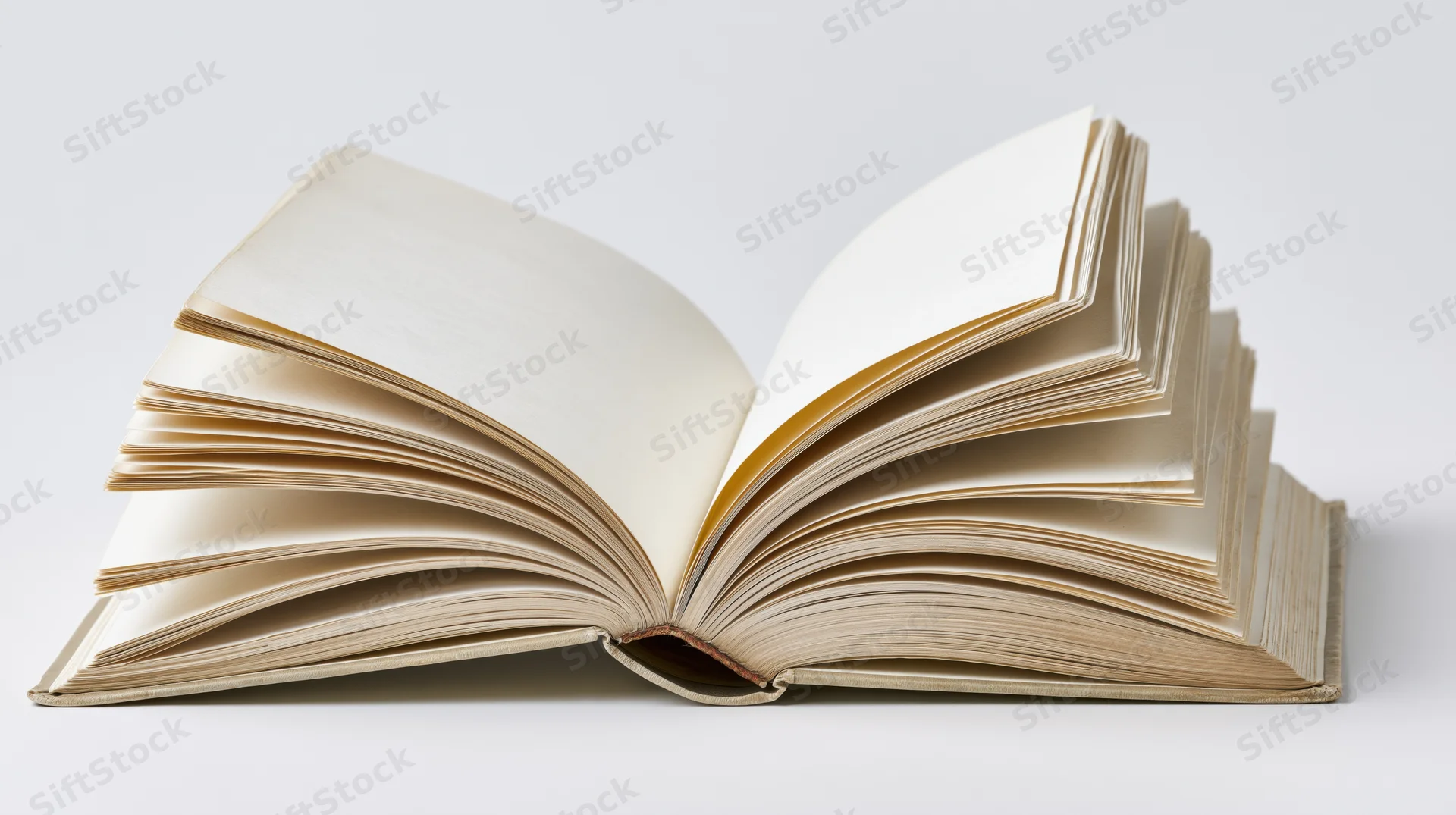 Open hardcover book with pages fanned out on white background