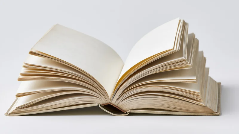 Open hardcover book with pages fanned out on white background