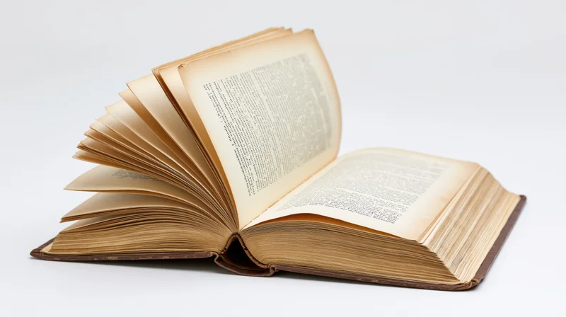 Open vintage hardcover book with fanned pages on white background