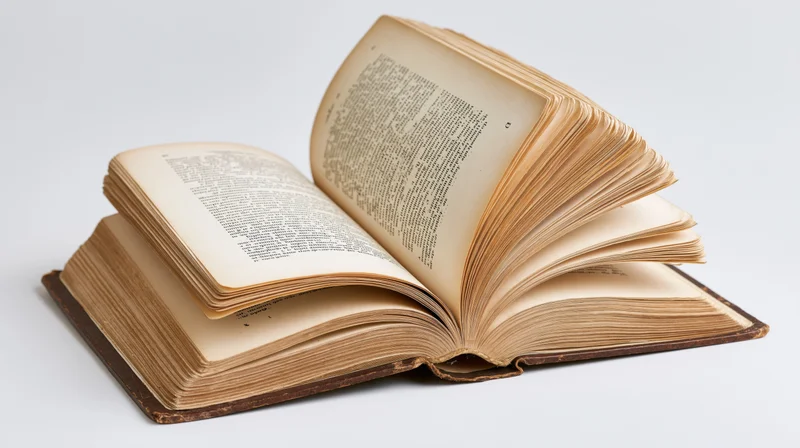 Open vintage hardcover book with fanned pages on white background