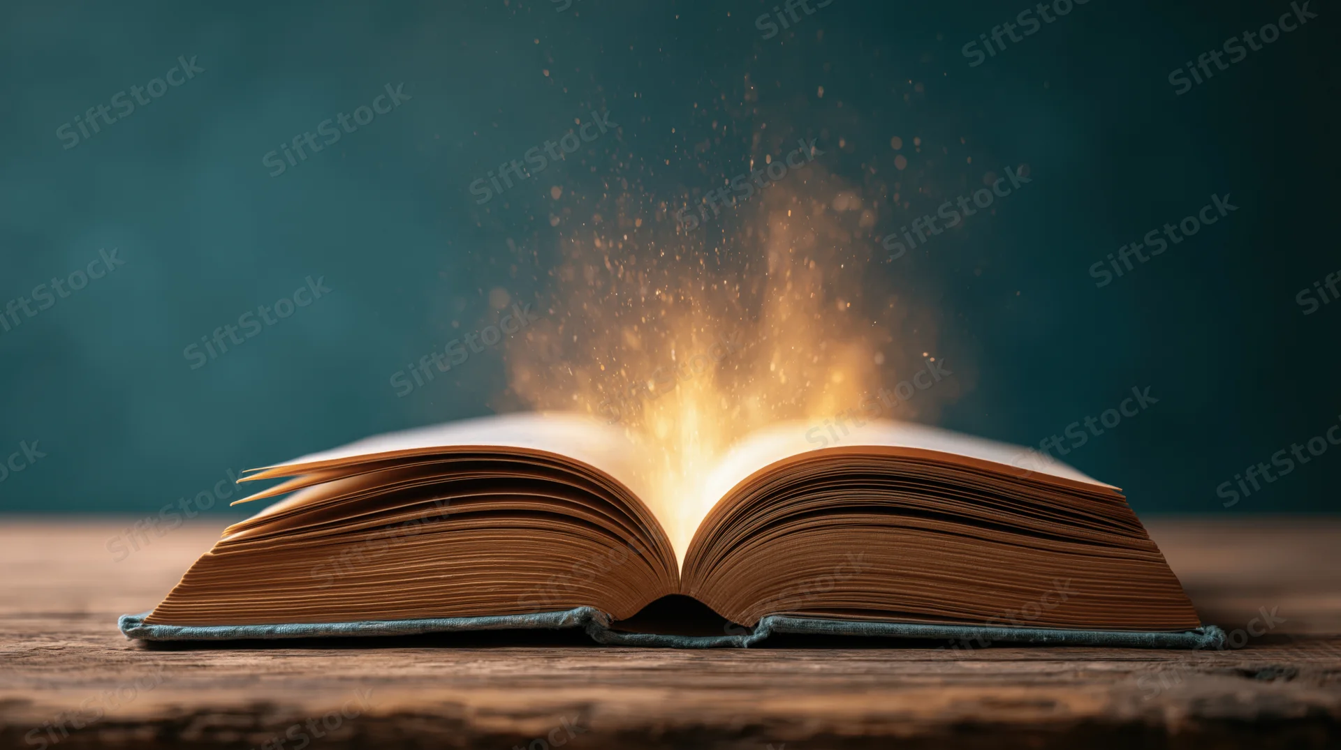 Open book glowing with golden light on wooden surface