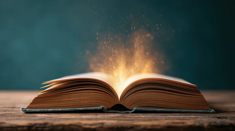 Open book glowing with golden light on wooden surface
