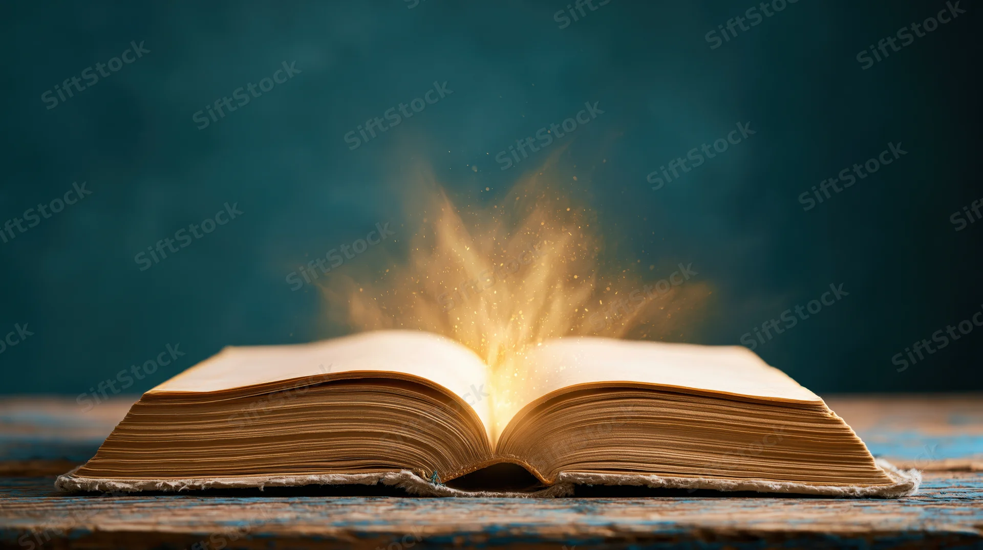 Open old book glowing with golden light on a worn wooden surface
