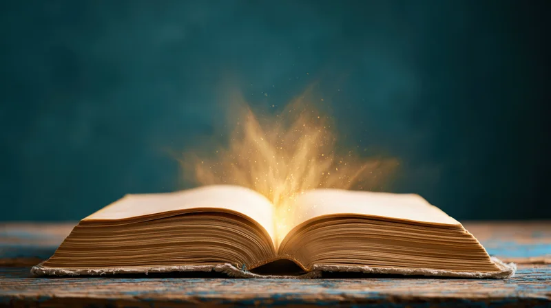 Open old book glowing with golden light on a worn wooden surface