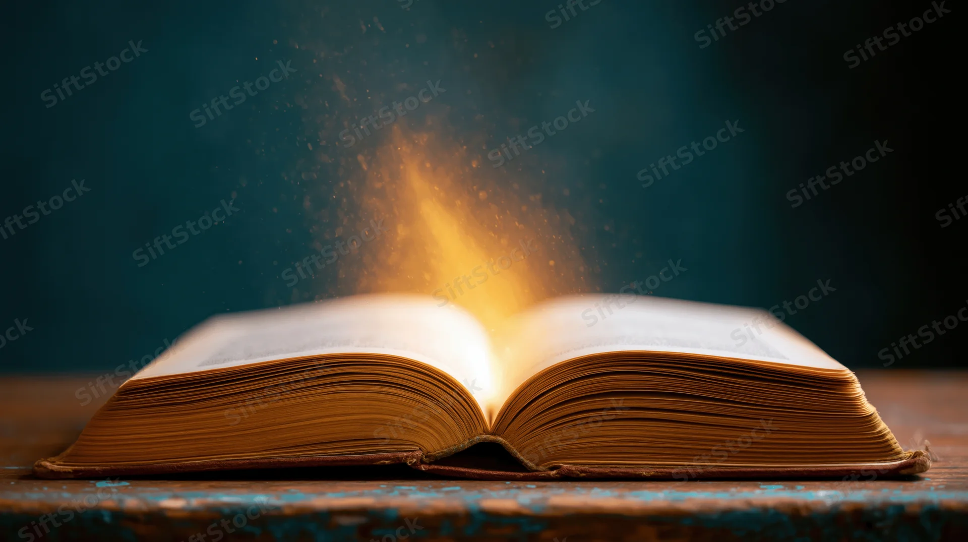 Open old book glowing with golden light on worn wooden surface