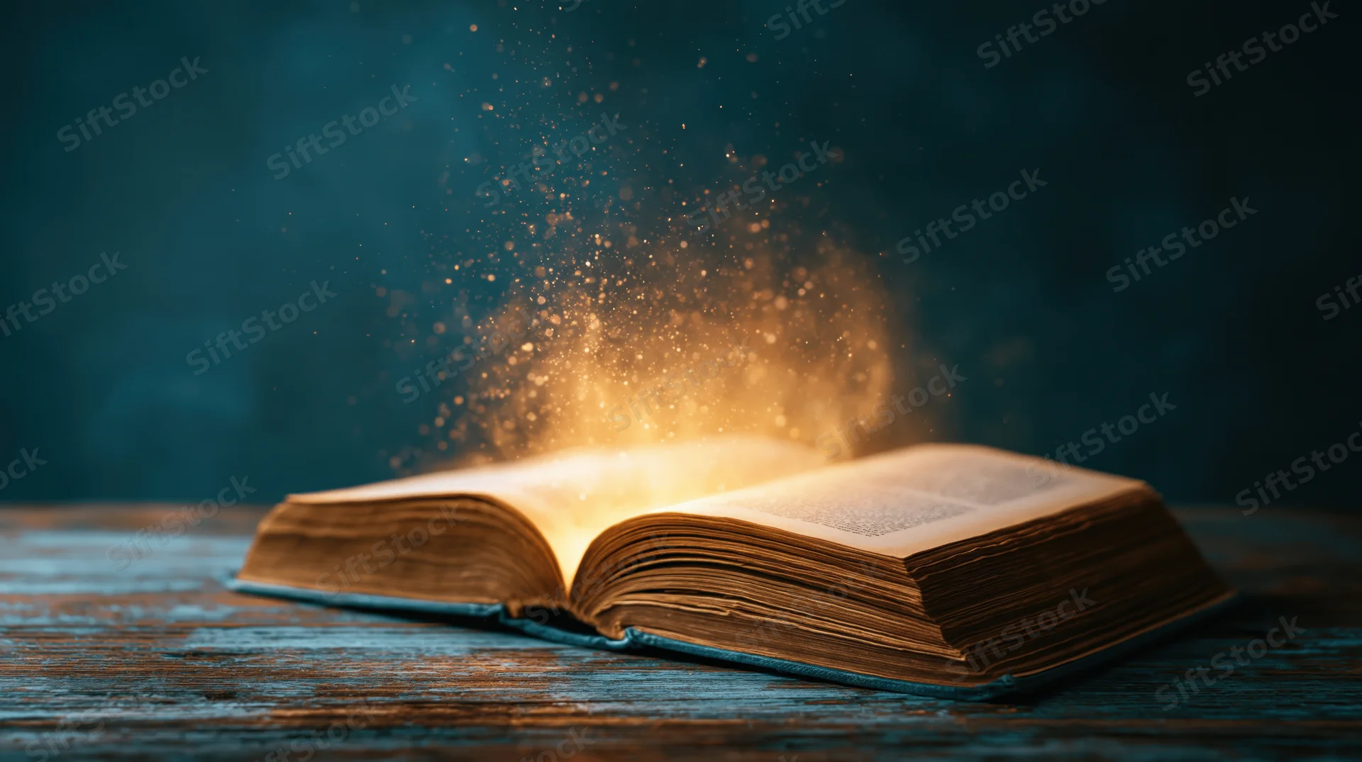 Open old book glowing with golden light and floating particles on a worn wooden surface