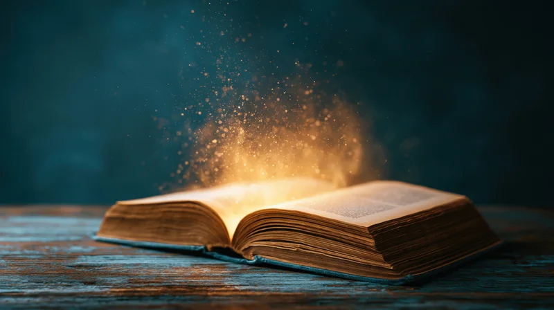 Open old book glowing with golden light and floating particles on a worn wooden surface