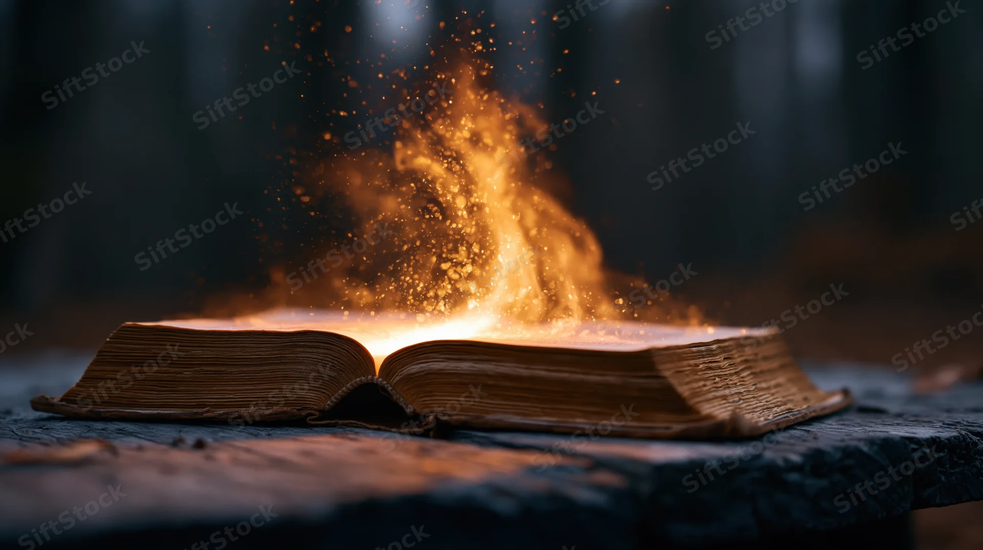 Open ancient book glowing with magical sparks on rustic wooden table in dark forest at night