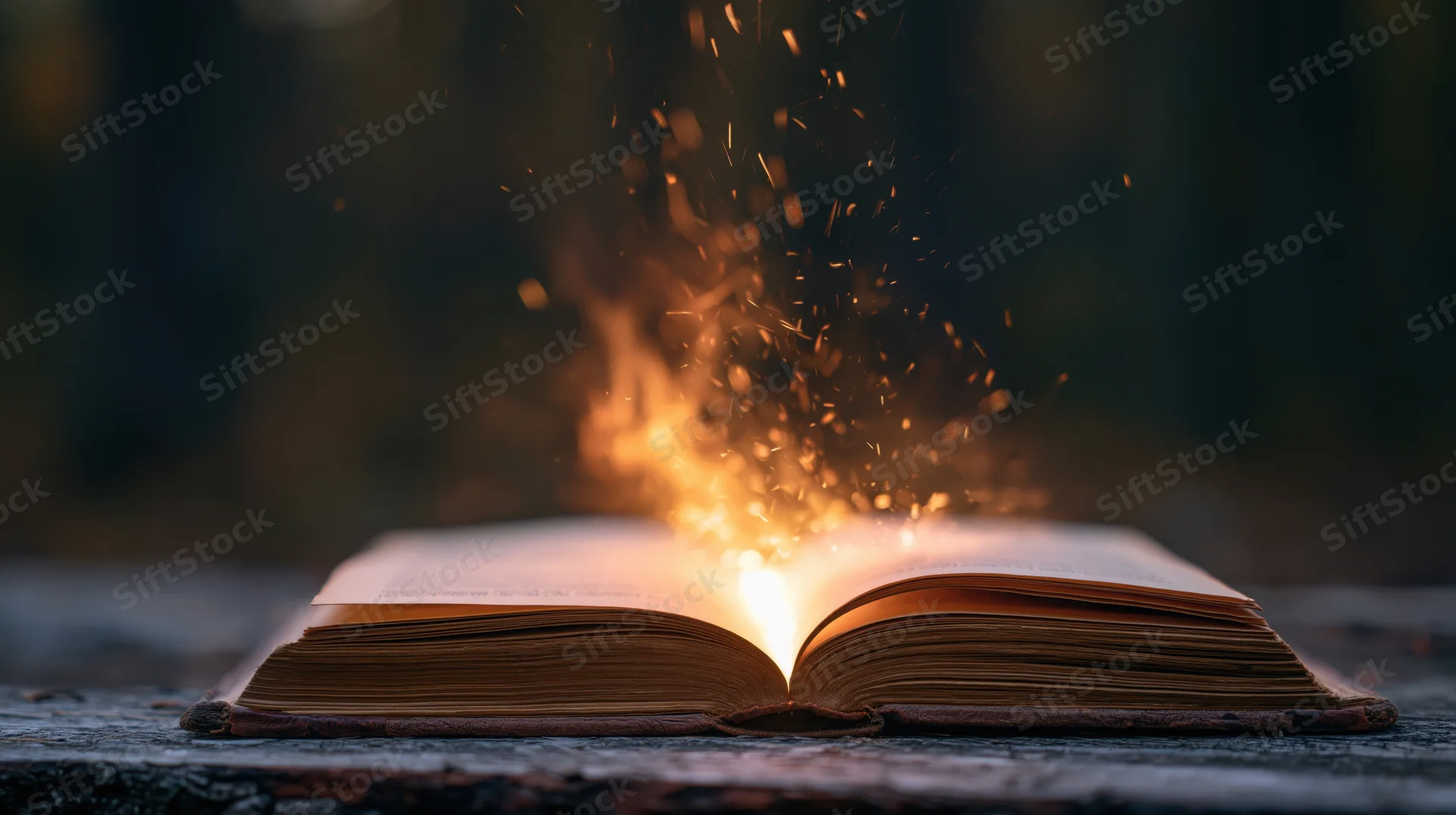 Open old book with sparks rising from pages on rustic wooden surface