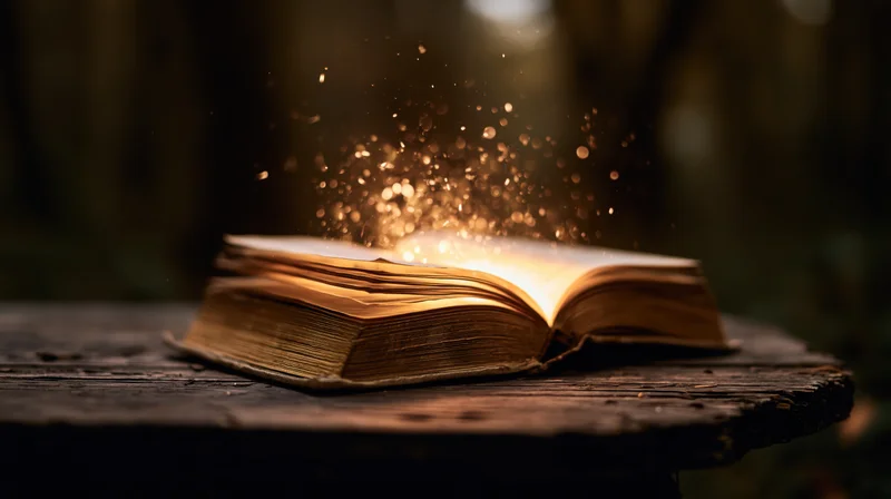 Open ancient book glowing with golden sparks on rustic wooden table in forest