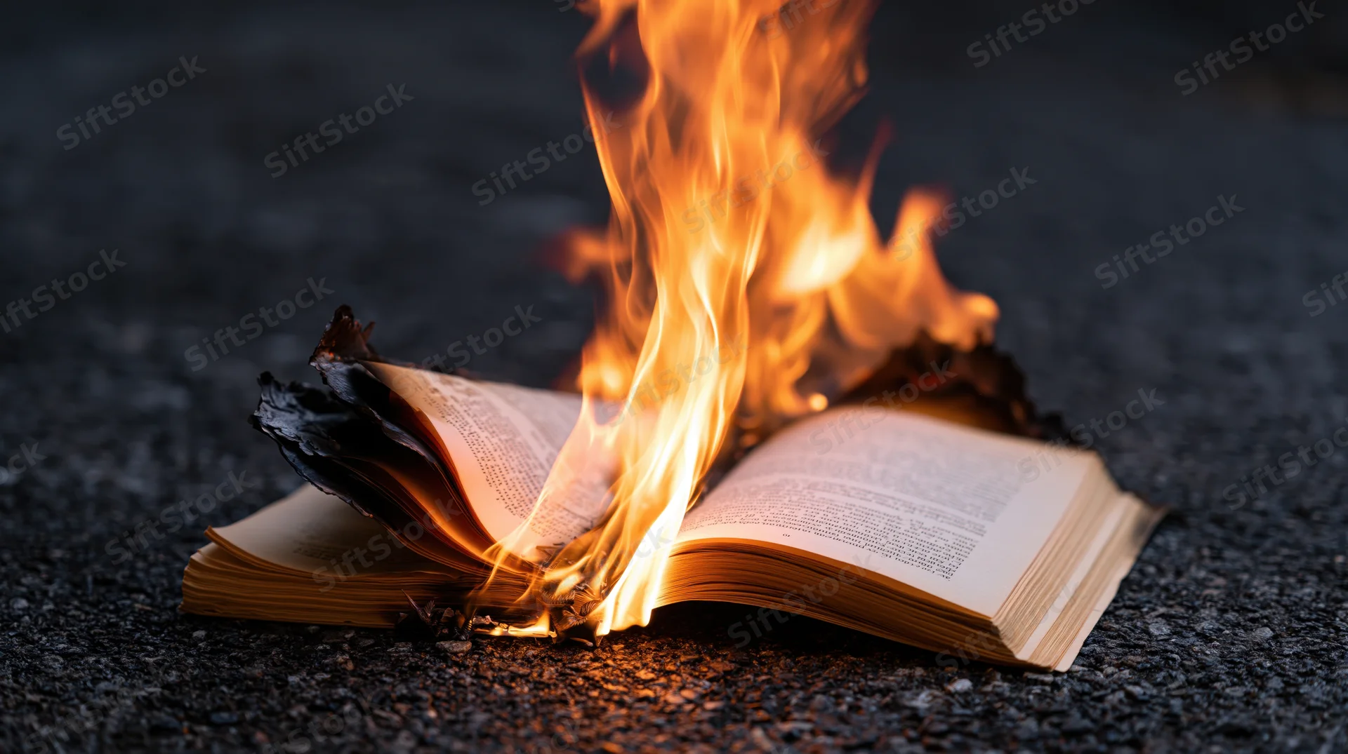 Open book burning on dark asphalt with curling blackened pages and flames