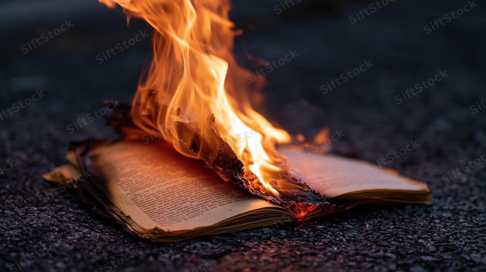 Open book burning on dark asphalt with curling charred pages and flames