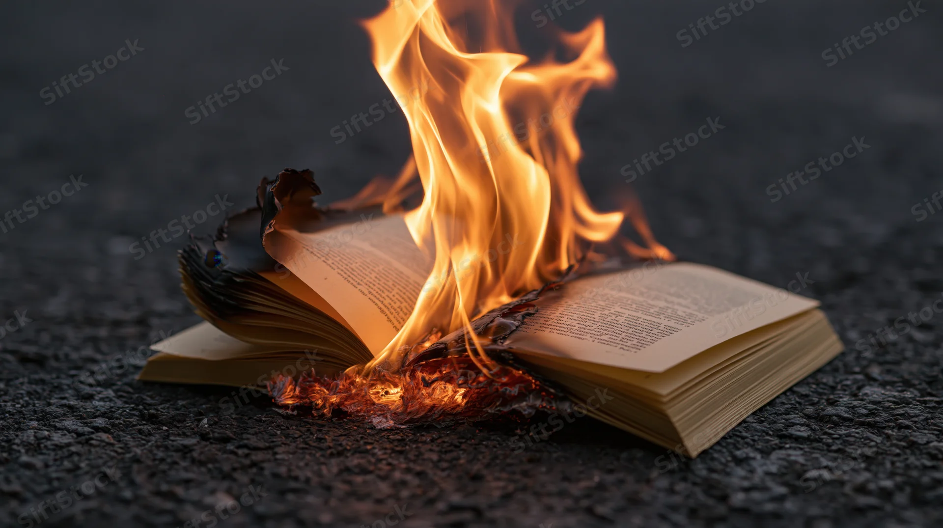 Open book burning on dark asphalt with curling blackened pages and flames