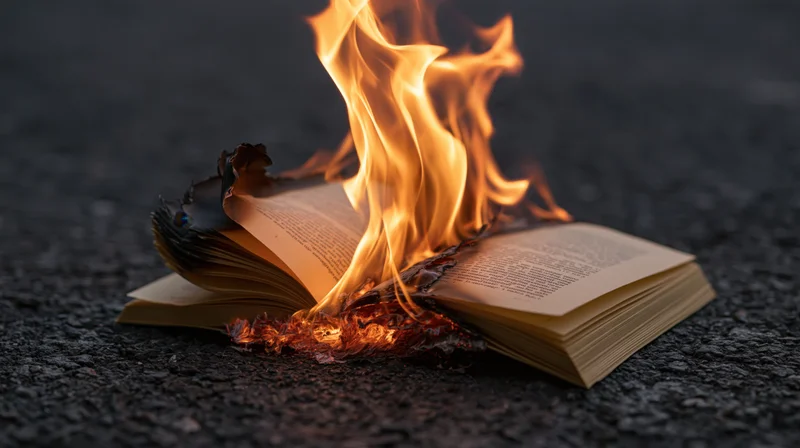 Open book burning on dark asphalt with curling blackened pages and flames