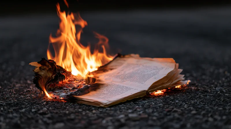 Open book burning on dark asphalt with curling charred pages