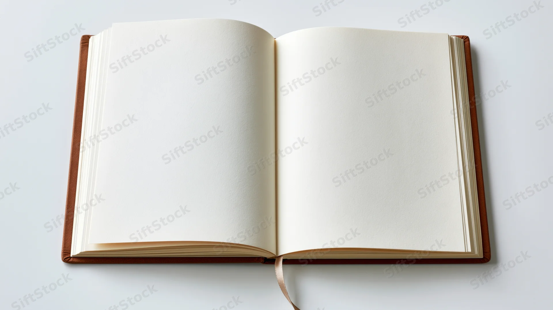 Open hardcover notebook with blank white pages lying flat on white surface