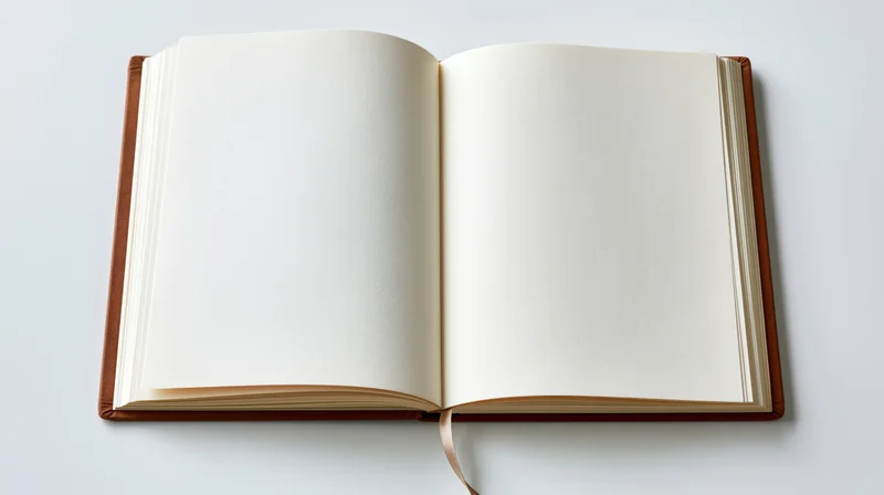 Open hardcover notebook with blank white pages lying flat on white surface