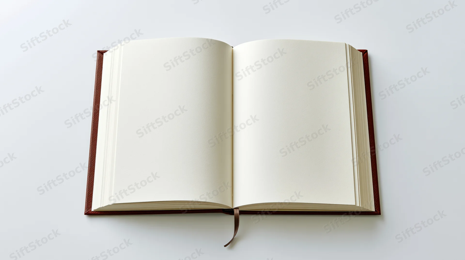 Open hardcover notebook with blank pages lying flat on white surface