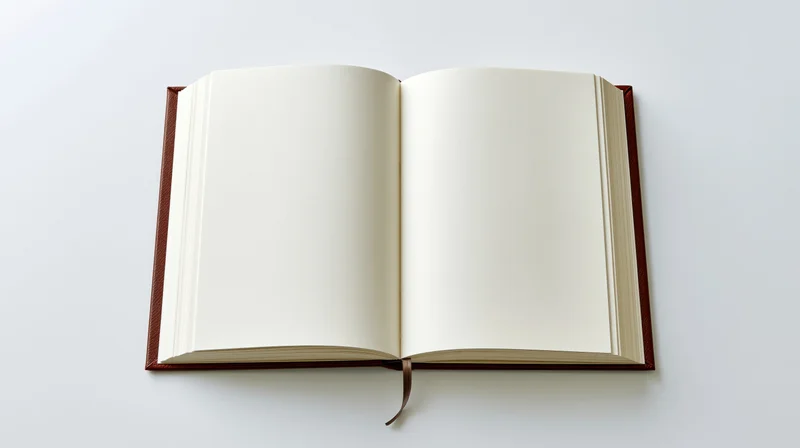 Open hardcover notebook with blank pages lying flat on white surface