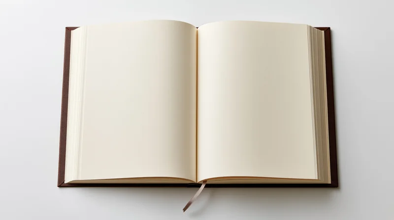 Open hardcover notebook with blank cream pages lying flat on white surface