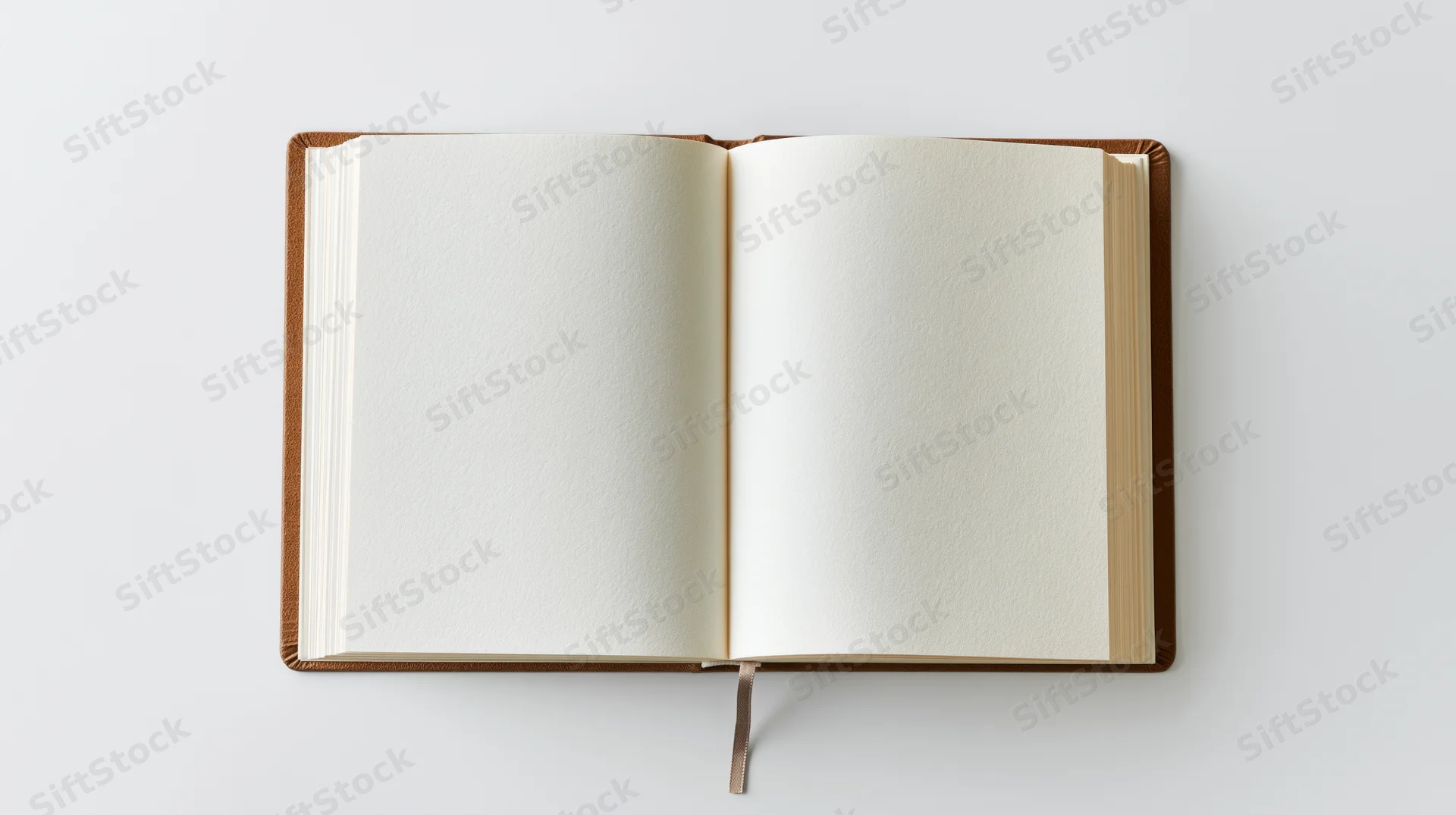 Open hardcover notebook with blank white pages lying flat on white surface