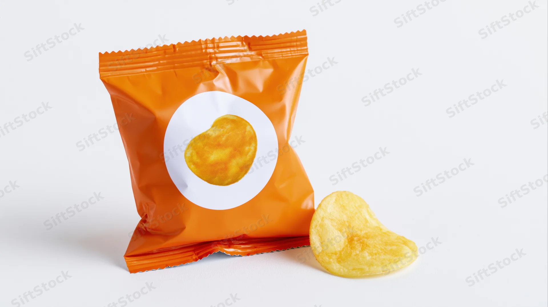 Orange foil snack bag with circular white label and single chip beside it on white background
