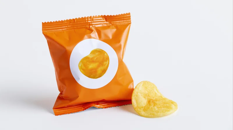 Orange foil snack bag with circular white label and single chip beside it on white background