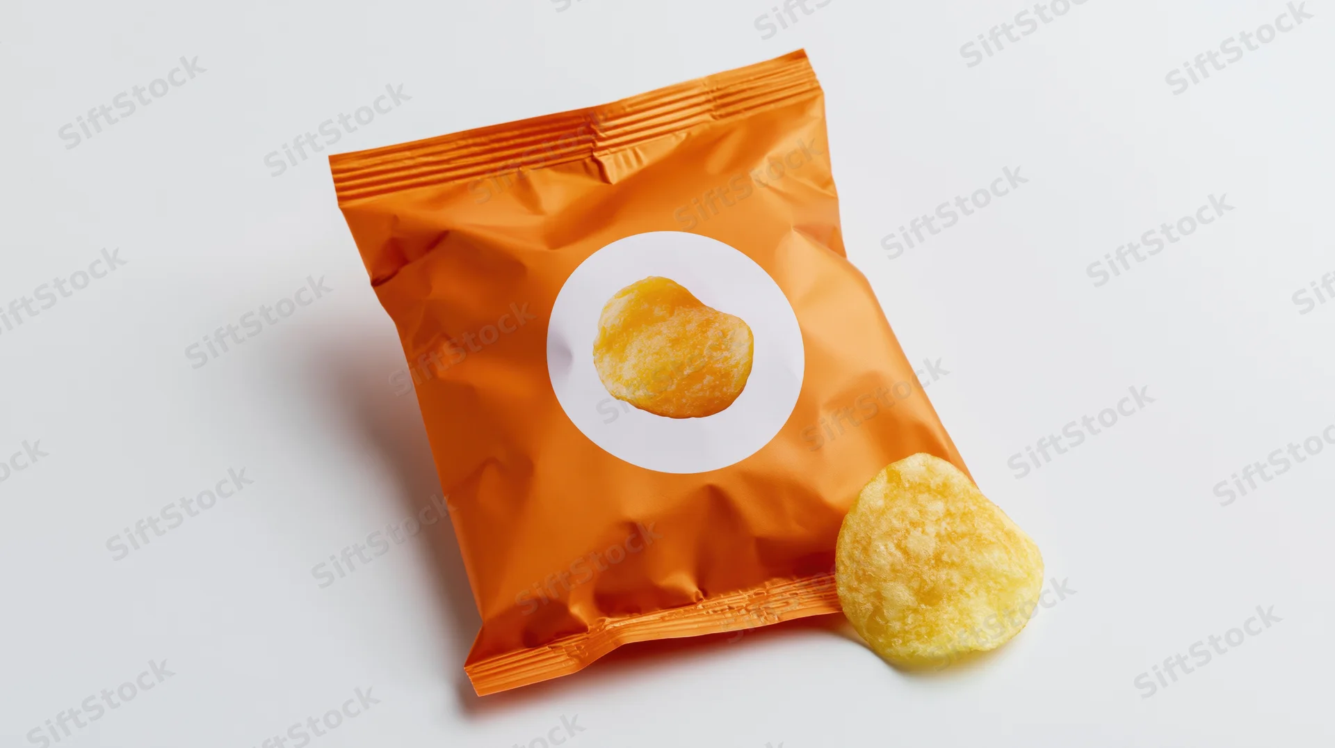Orange foil snack bag with circular white label showing a chip, one chip beside it on white background